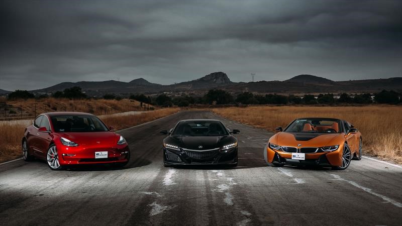 Tesla Model 3 vs Acura NSX vs BMW i8 Roadster