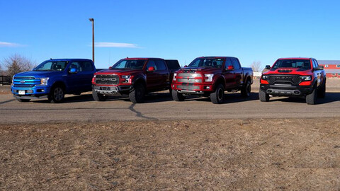 RAM TRX vs Ford F-150 vs Raptor vs Shelby Super Snake, carrera de pickups a un cuarto de milla